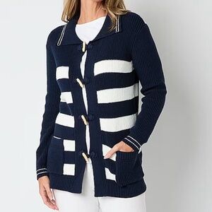 ST JOHNS BAY Nautical Sailor Navy and White Striped Cardigan